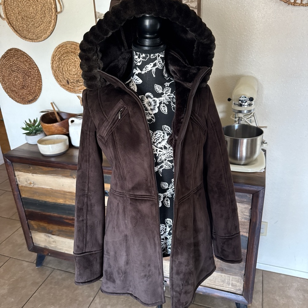 Braetan Women's Hooded Brown Faux Suede Jacket